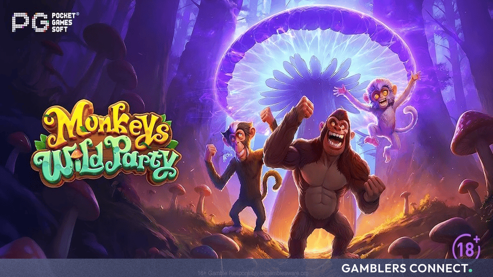 PG Soft Launches Monkey’s Wild Party Mobile Slot 1 Marketing artwork for the Monkey’s Wild Party casino game, displaying the official PG Soft developer logo and compliance indicators.