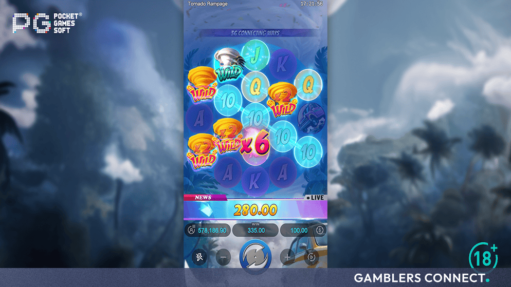 Close-up view of the circular reels and Golden Wild symbols during active gameplay in Tornado Rampage.