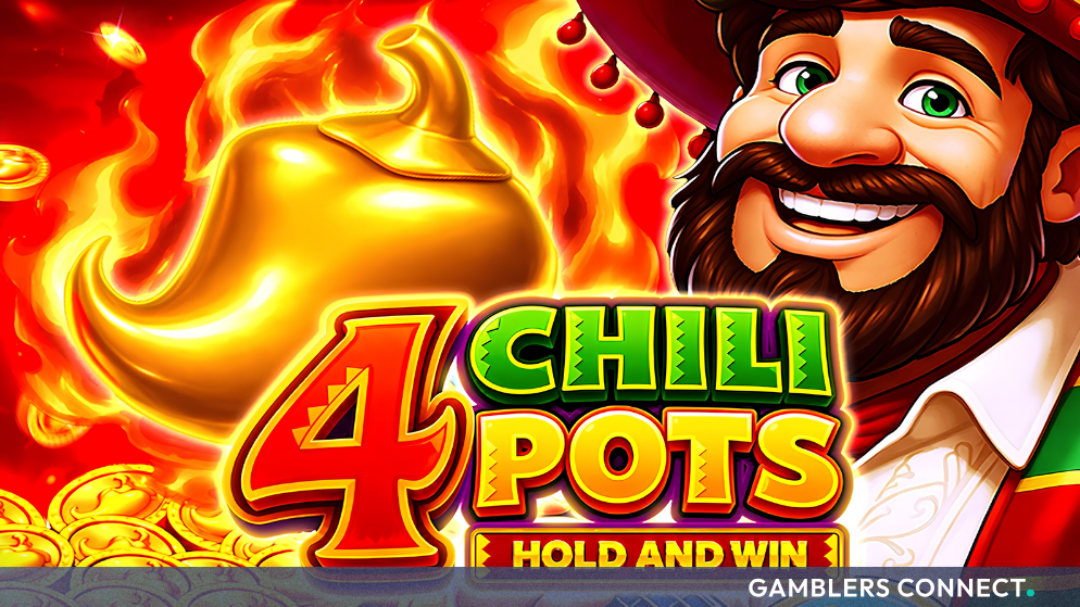 Close-up of the official logo for '4 Chili Pots: Hold and Win' with festive gold and green lettering.