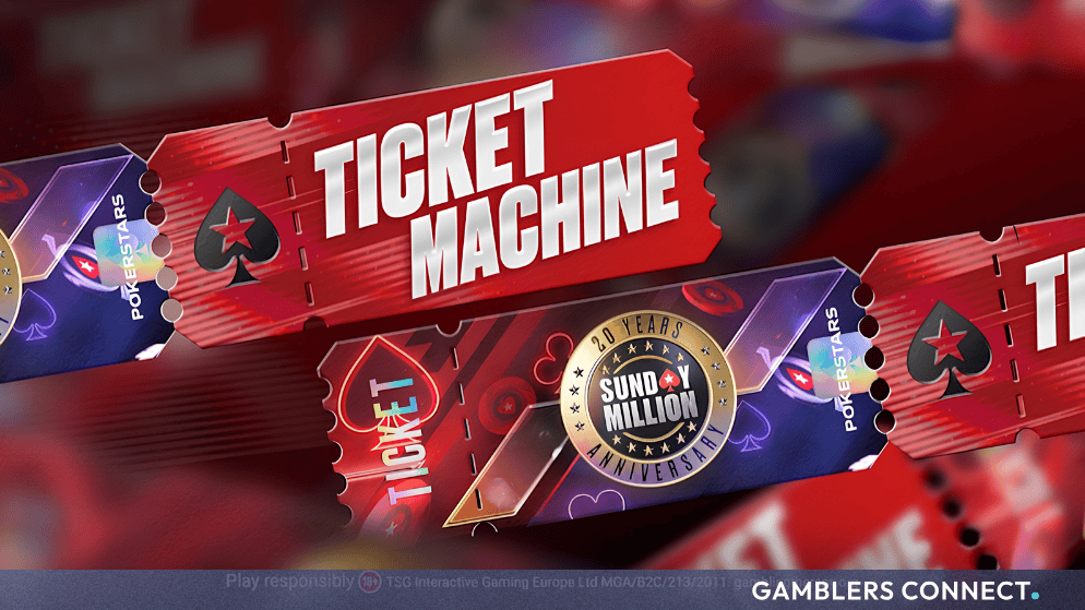 A stylized visual representation of a red and blue ticket machine raffle banner, promoting the PokerStars Sunday Million Anniversary 20.
