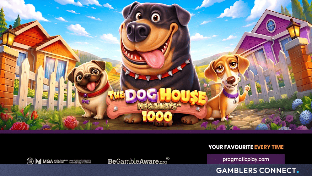 Pragmatic Play Unleashes Massive Multipliers in The Dog House Megaways™ 1000 1 The main characters of The Dog House Megaways 1000 standing in front of suburban dog houses, representing the slot's engaging visual theme.