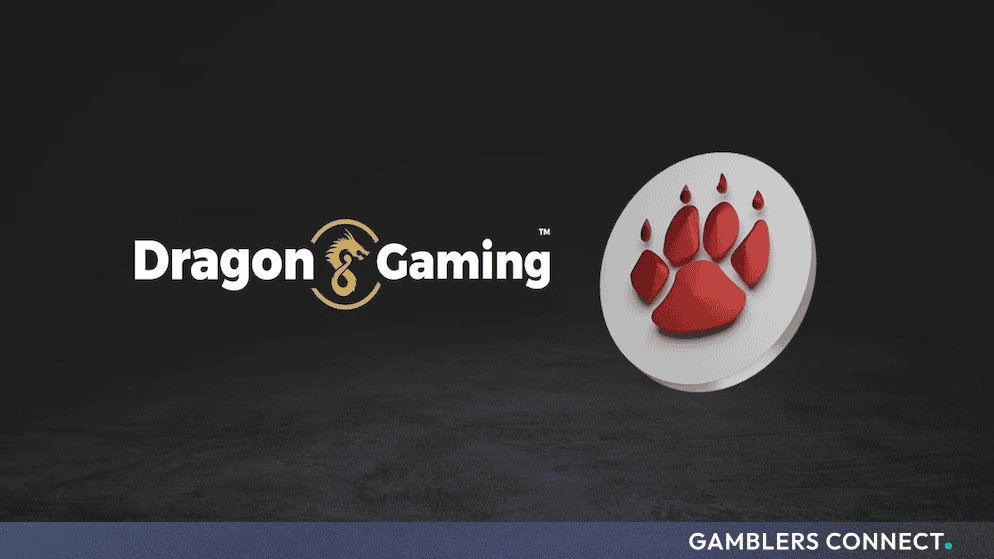 Official B2B partnership graphic showcasing the Dragon Gaming logo next to a silver emblem featuring a red paw print design, carrying the GamblersConnect corporate brand mark.