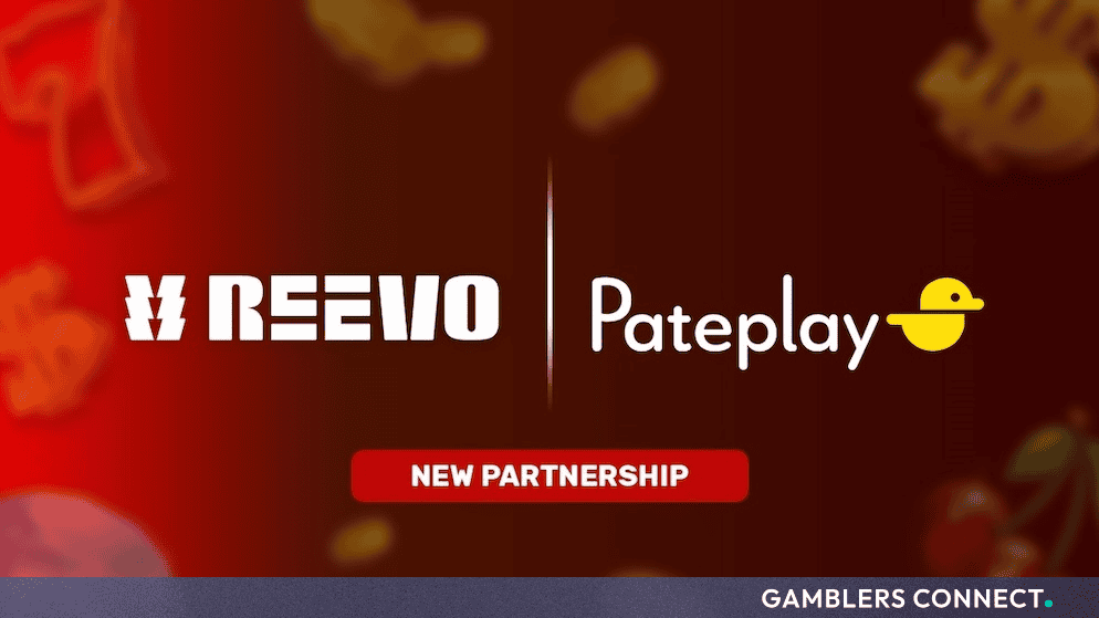 Official partnership graphic displaying the REEVO and Pateplay logos over a dark red background with glowing coin and slot symbols.