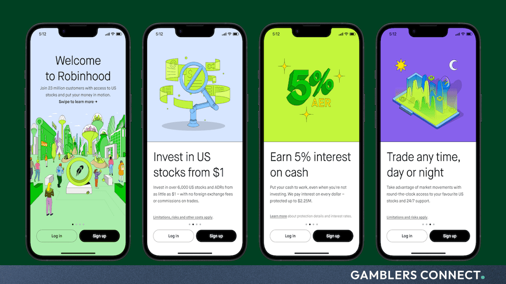 Four smartphone screens displaying the Robinhood mobile application interface with account onboarding and financial tracking features.