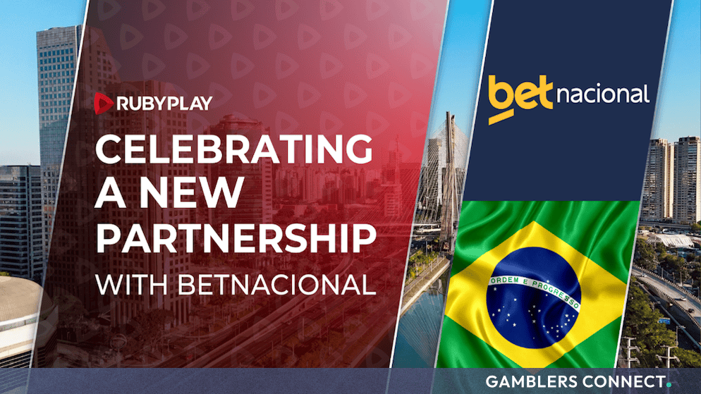 Official partnership graphic celebrating RubyPlay and Betnacional integration in Brazil.