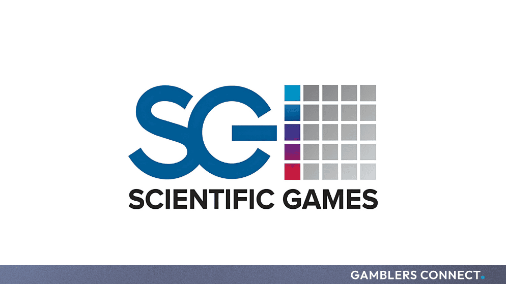 The Scientific Games corporate logo superimposed onto a state map outline over a background of lottery scratch tickets, illustrating B2B lottery management systems.