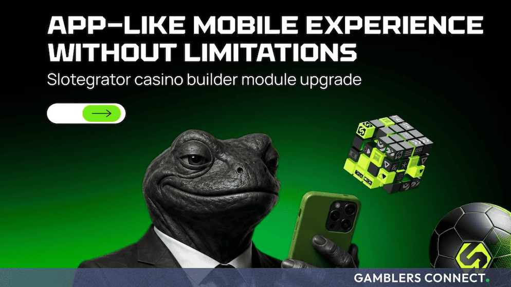 Slotegrator Upgrades Casino Builder Module with Progressive Web App (PWA) Functionality 1 A corporate graphic announcing the mobile PWA software upgrade to the Slotegrator Casino Builder module.