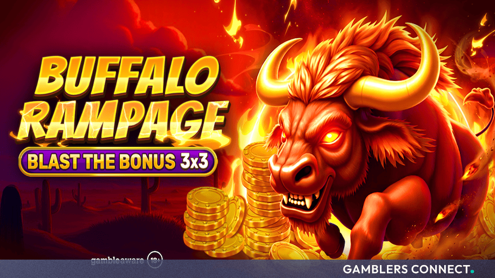 Promotional artwork for Spinomenal's Buffalo Rampage Blast The Bonus 3x3 slot featuring a fierce red-eyed buffalo and gold coins.