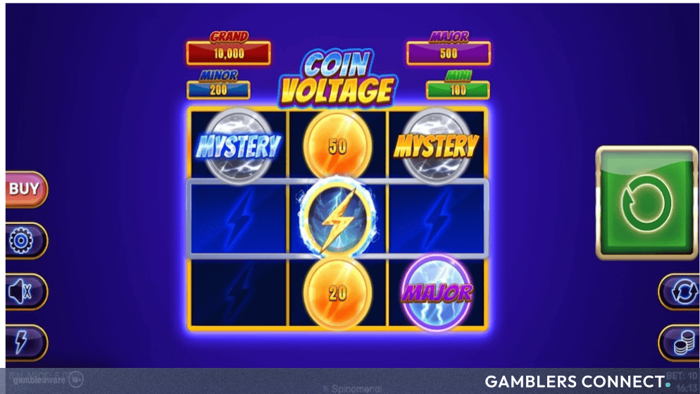 The main game board layout of the Coin Voltage mobile slot machine, highlighting the Buy feature button on the left and fixed jackpot prize amounts across the top headers.