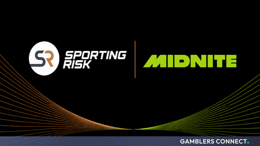Official corporate partnership graphic displaying the Sporting Risk and Midnite logos over a dark background with geometric wave lines.