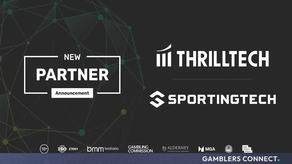 ThrillTech and SportingTech promotional banner showing international technical compliance credentials including ISO 27001, BMM Testlabs, MGA, and UK Gambling Commission badges.
