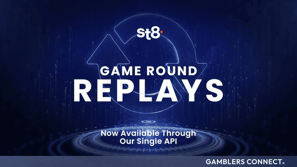 The official promotional banner for St8's automated game round replays feature, showing a dark tech background and clear corporate lettering.