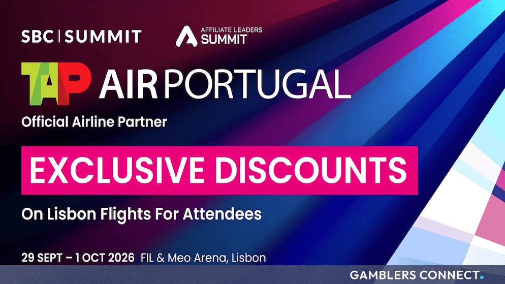Promotional banner announcing TAP Air Portugal as the official airline partner for SBC Summit and Affiliate Leaders Summit offering exclusive flight discounts.