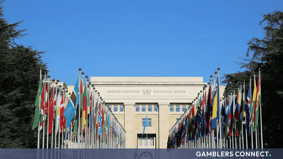 National flags displayed outside a UN facility.
