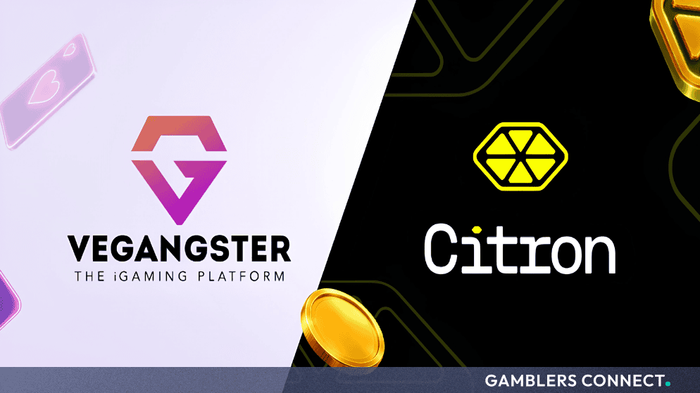 Official promotional partnership graphic showing the logos of Vegangster and Citron alongside glossy golden coins, representing blockchain payment integration and data transparency.