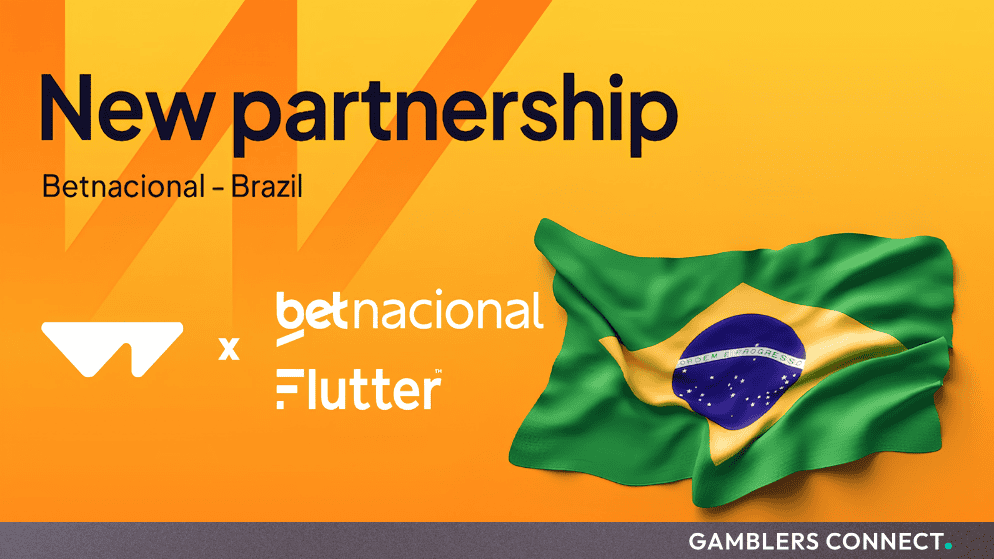 Official partnership graphic featuring the Wazdan and Betnacional-Flutter logos alongside the Brazilian flag against an orange background.