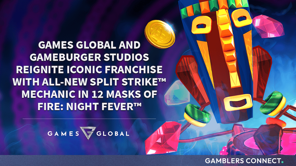 Promotional web banner for 12 Masks of Fire: Night Fever featuring Games Global and Gameburger Studios branding alongside a stylized tribal mask and neon elements.