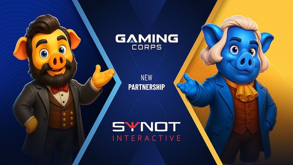 Promotional graphic announcing the new partnership between Gaming Corps and SYNOT Interactive, featuring animated characters from the 3 Pigs franchise.