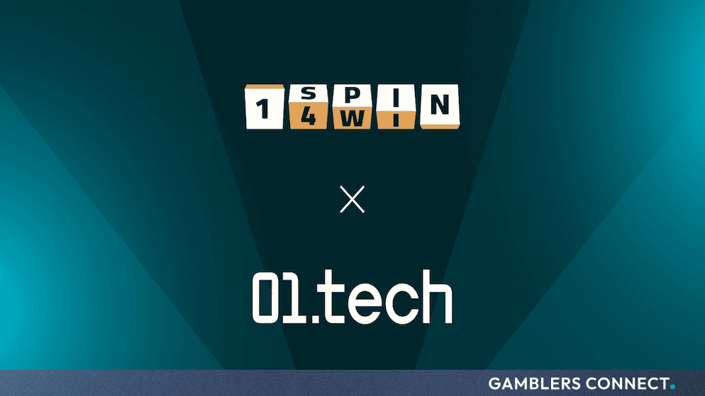 Branded corporate partnership graphic featuring the 1spin4win block logo and 01.tech text against a dark teal gradient background.