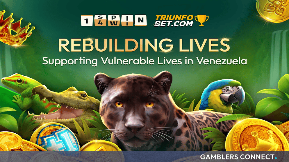 Promotional graphic for the Rebuilding Lives charity campaign by 1spin4win and TriunfoBet, featuring a jaguar, macaw, and crocodile amidst jungle foliage and gold coins.