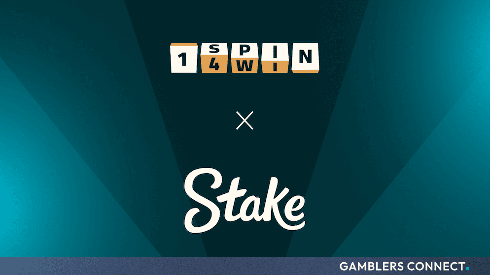 Official partnership branding displaying the 1spin4win and Stake logos against a dynamic turquoise background.