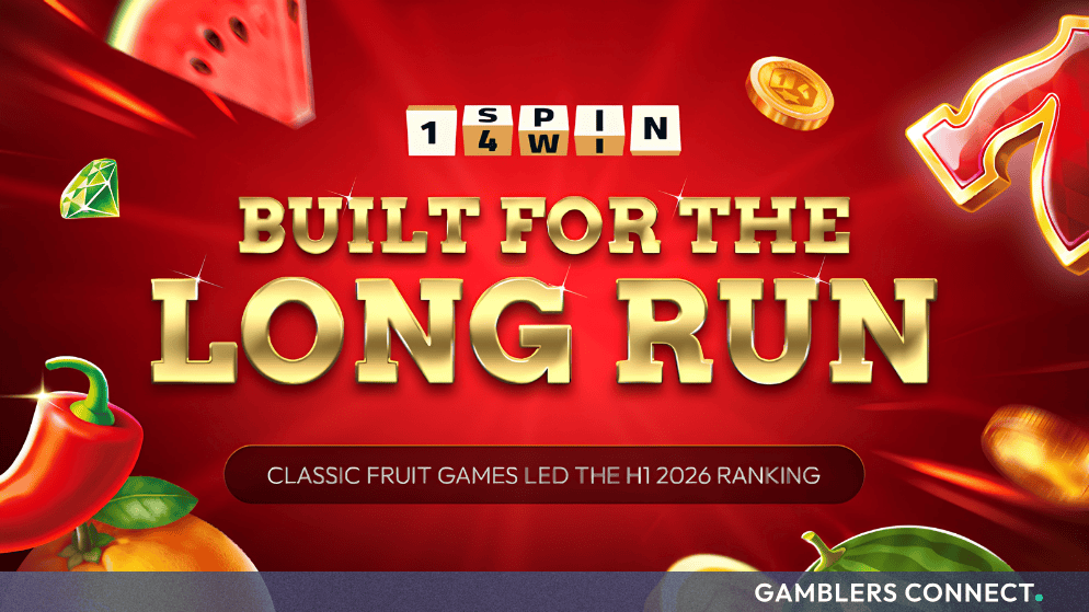 Vibrant promotional graphic featuring the 1spin4win logo with gold text reading "Built for the Long Run" alongside traditional fruit icons and gold coins against a red background.