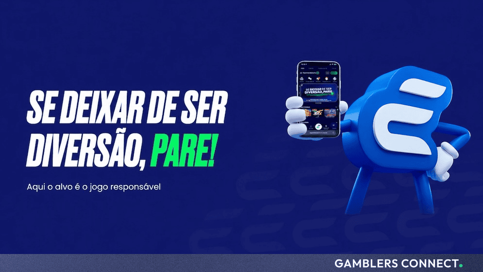 Promotional graphic featuring the Grupo EGB mascot holding a mobile phone displaying the responsible gambling message "Se deixar de ser diversão, pare!".