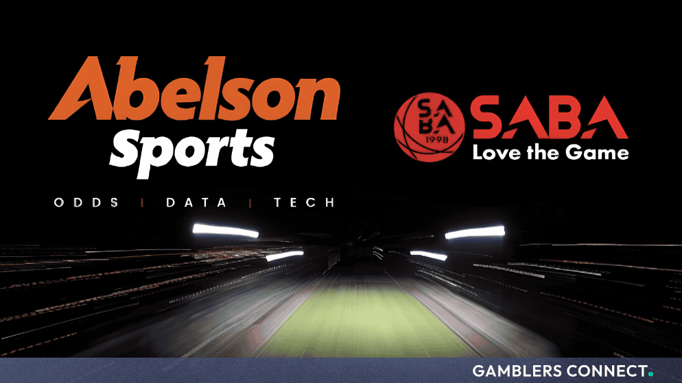 Official partnership announcement graphic featuring the Abelson Sports and SABA Sports logos above a illuminated football stadium pitch.