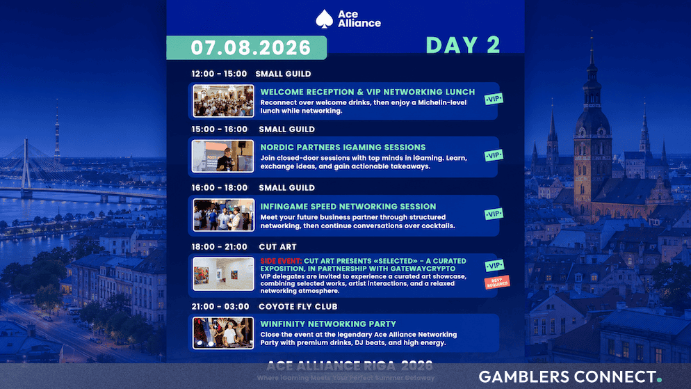 Official schedule graphic for Ace Alliance Riga Day 2 on August 7, 2026, detailing VIP events from the welcome lunch to the Coyote Fly Club party.