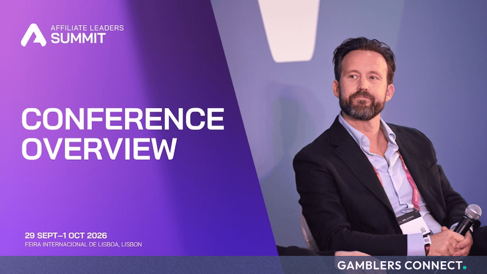 Conference overview graphic for the Affiliate Leaders Summit at the SBC Summit in Lisbon featuring a speaker on stage against a purple background.