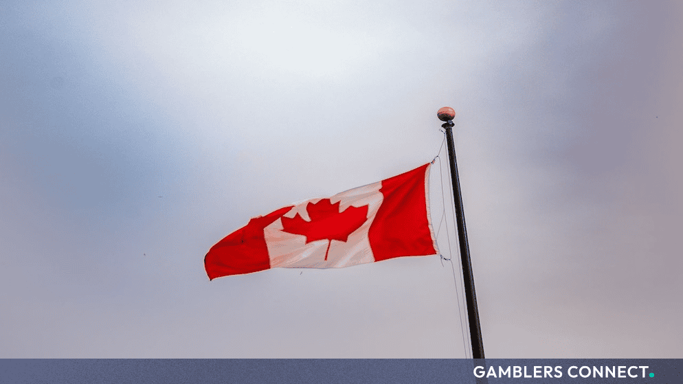 The Canadian flag waving on a flagpole against an overcast sky in Toronto, Ontario.