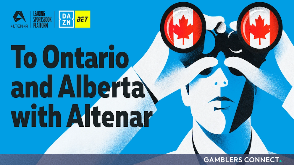 Promotional graphic featuring a character looking through binoculars with Canadian flags on the lenses, announcing DAZN Bet's launch in Ontario and Alberta with Altenar.