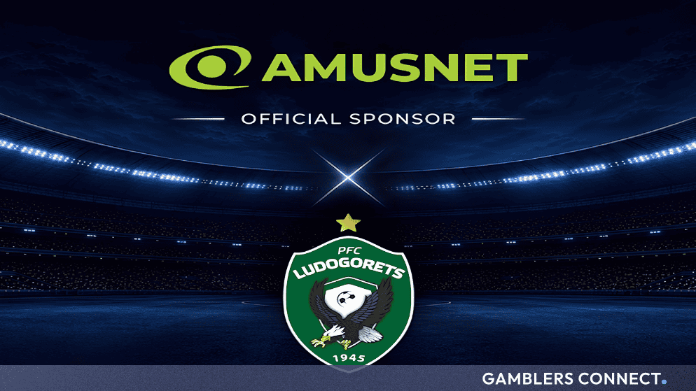 Official sponsorship announcement graphic featuring the Amusnet logo above a football stadium background with the PFC Ludogorets crest.