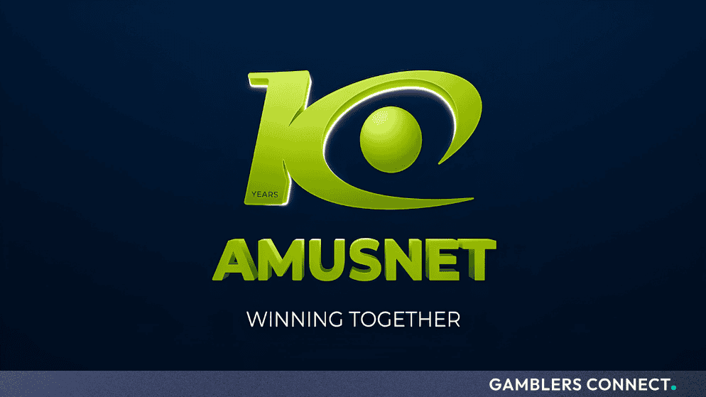 Amusnet 10 Years "Winning Together" corporate logo featuring bright green lettering against a dark blue background.