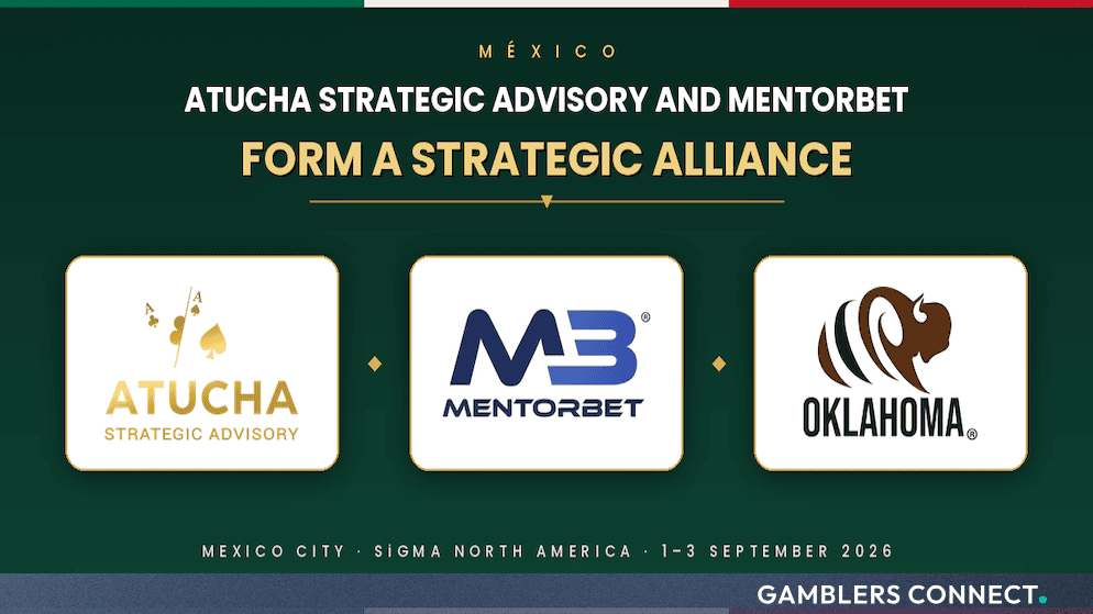 Official partnership graphic displaying the logos of Atucha Strategic Advisory, MentorBet, and Oklahoma against a green and red Mexican-themed background.