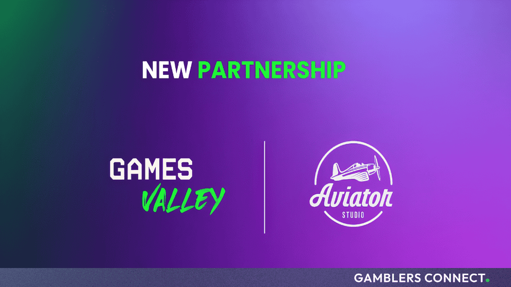 Official partnership announcement graphic featuring the Games Valley and Aviator Studio logos against a vibrant purple and green gradient background.