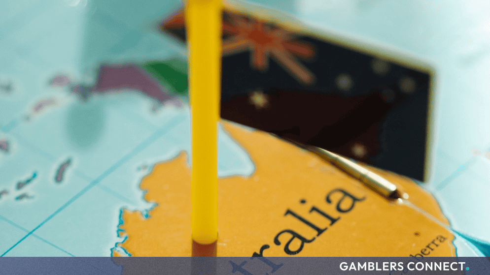 A map of Australia featuring an Australian flag pin, representing national responsible gambling regulations and self-exclusion registers.
