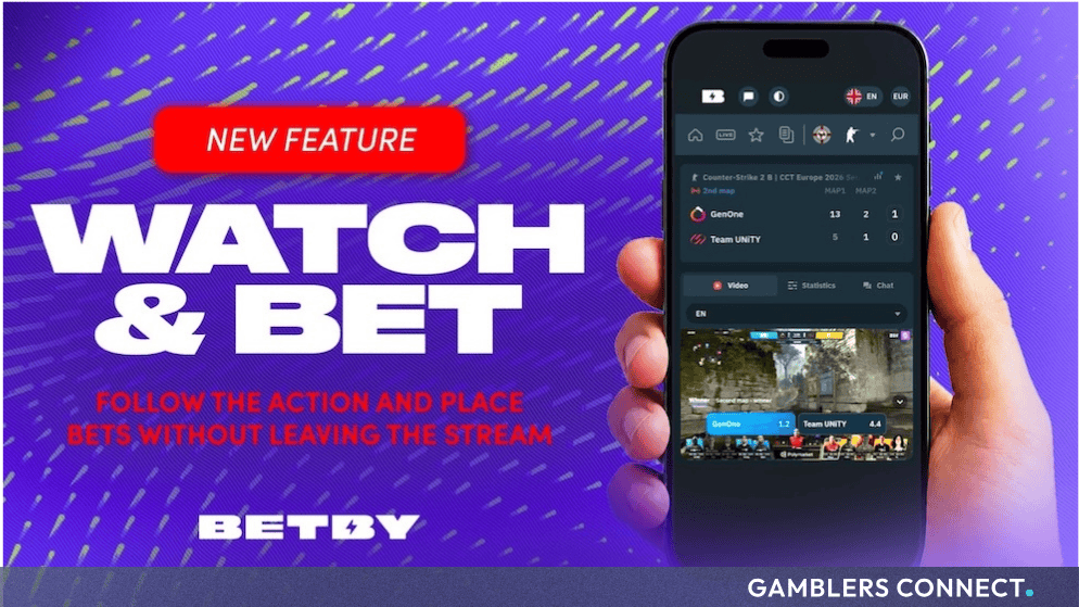 A smartphone displaying the BETBY "Watch & Bet" live streaming and esports betting interface against a vibrant purple and green branded background.