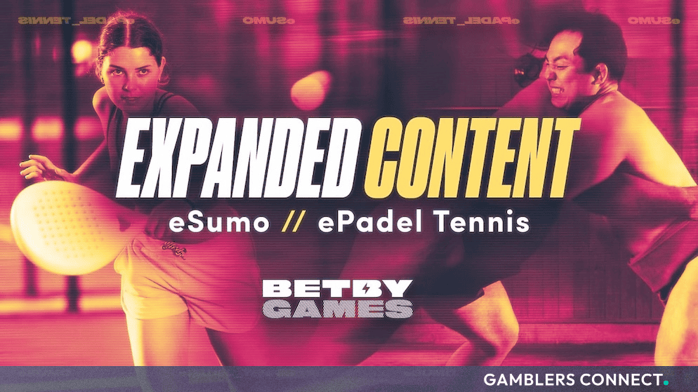 Promotional banner for Betby Games highlighting the launch of eSumo and ePadel Tennis against a dynamic pink and yellow background.