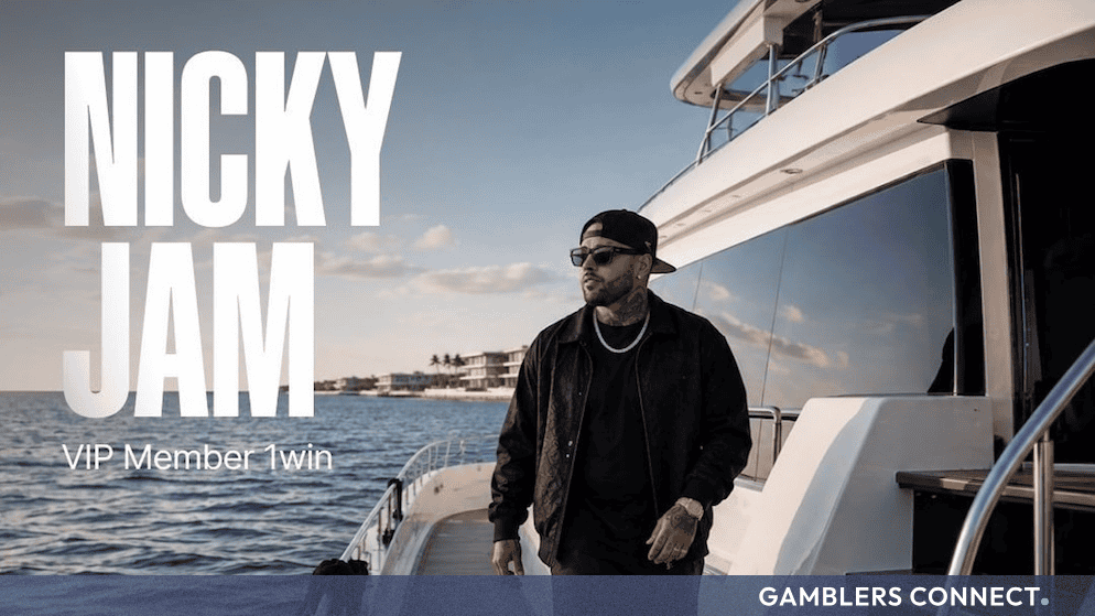 Global music icon Nicky Jam walking on the deck of a luxury yacht with "1win VIP Member" and "1win Partners" branding.
