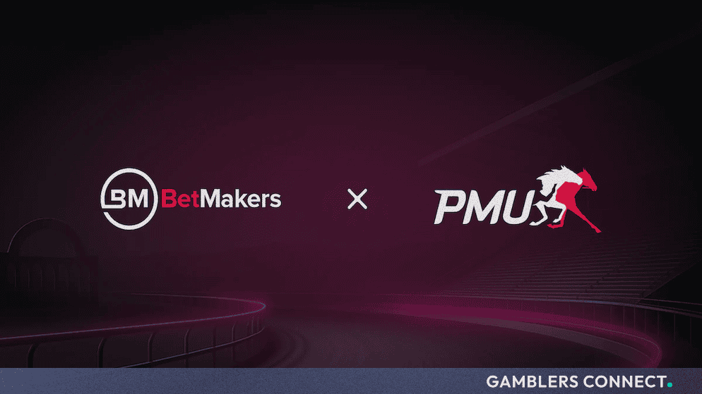 Official partnership announcement graphic displaying the BetMakers and PMU logos over a dark stadium and racetrack background.