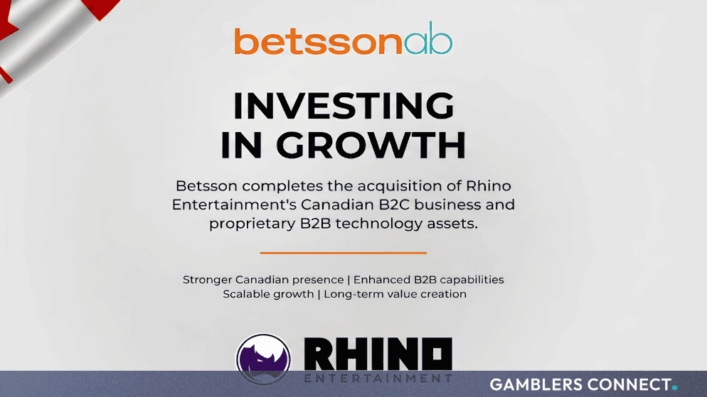 Promotional graphic announcing Betsson's completion of Rhino Entertainment's Canadian B2B and B2C assets acquisition under the banner "Investing in Growth."