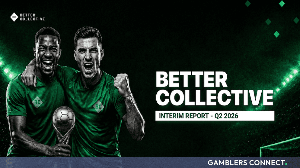 Promotional banner for Better Collective Q2 2026 interim report featuring athletes in green kits holding a sports trophy.
