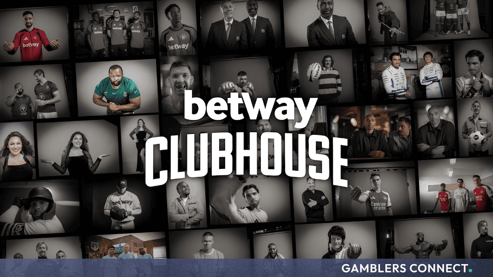 A multi-panel montage featuring black-and-white portraits of global sports stars alongside the central "Betway Clubhouse" logo.