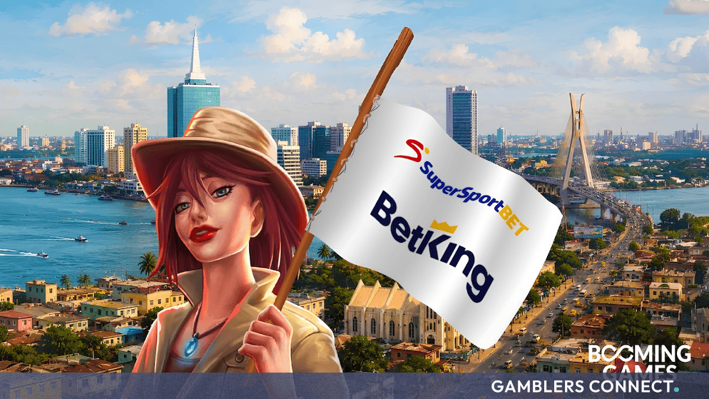 Promotional graphic featuring a character holding a flag with the BetKing and SuperSportBet logos against an urban African skyline backdrop.