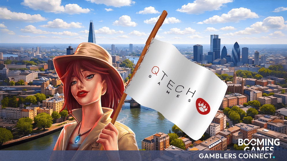 Promotional character holding a white flag featuring the QTech Games logo against an urban skyline backdrop.