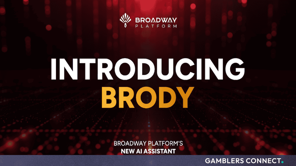 Promotional graphic introducing Brody, Broadway Platform's new AI assistant, against a dark red digital background.