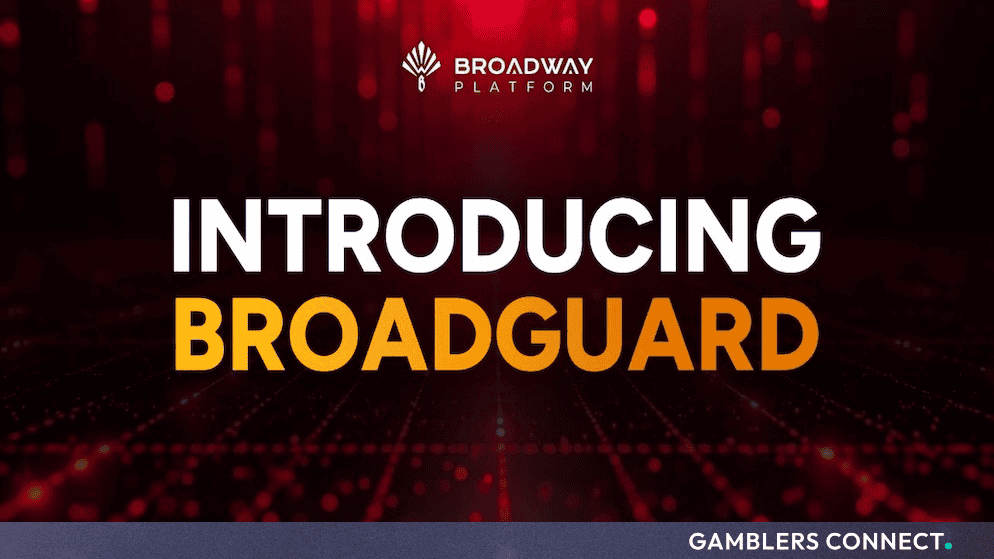 Promotional graphic featuring the Broadway Platform logo and the text "Introducing BroadGuard" against a dark red digital background.