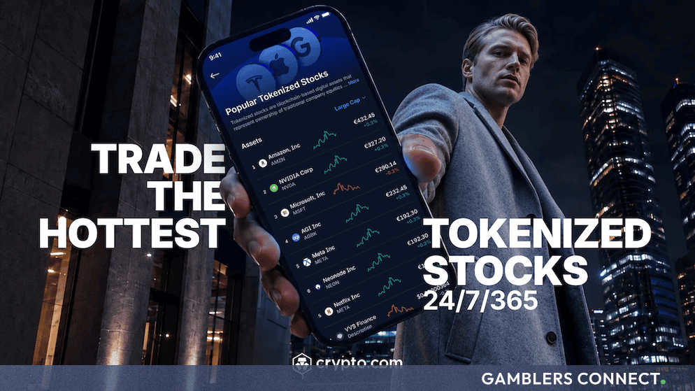 A person holding a smartphone displaying the Crypto.com App interface with tokenized stocks against a modern urban skyline at night.