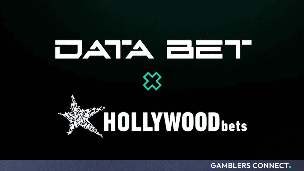 Official partnership graphic displaying the DATA.BET and Hollywoodbets logos joined by a green cross icon against a dark background.